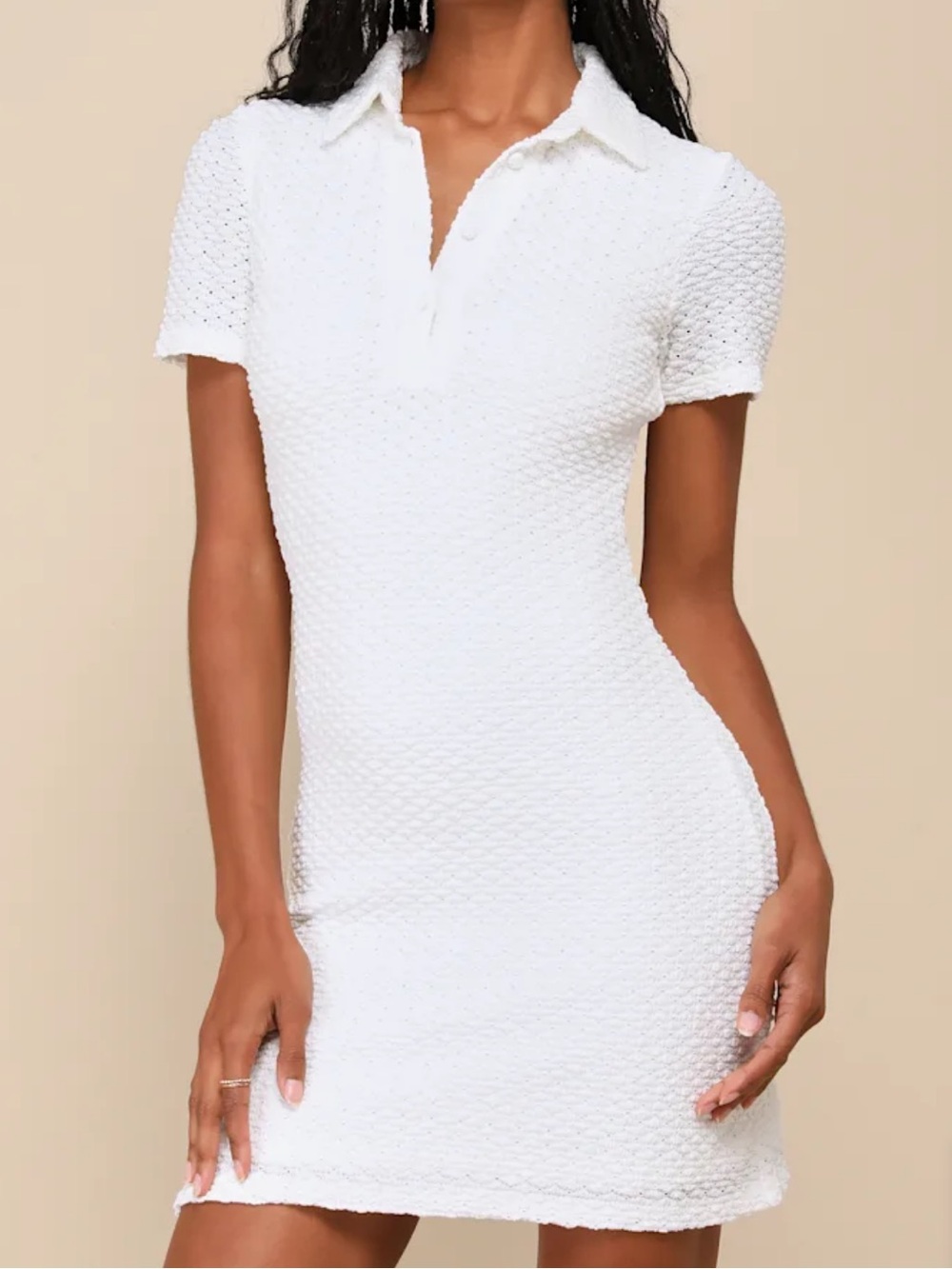 Lulus Chic Energy Textured Polo Mini Dress White XS NWT